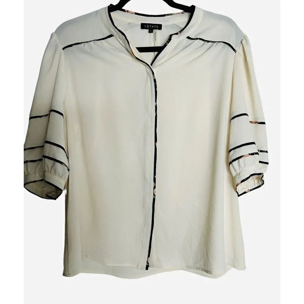 1. State Women’s Cream With Black Lining 1/2 Sleeve Button Up Blouse Sz L Top